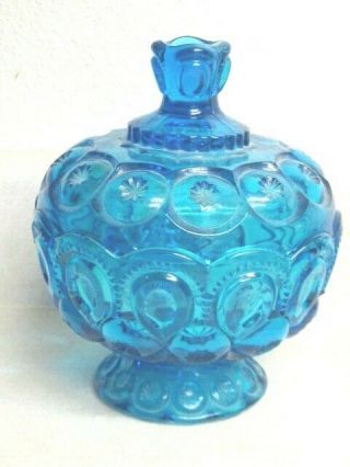 Vintage L E Smith Glass Blue Moon & Stars 5 1/2 " Footed Candy Dish W/lid