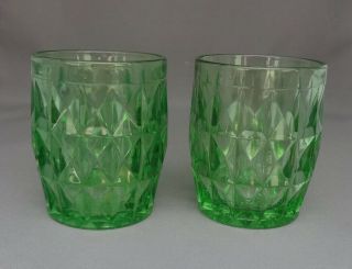 Vintage Jeannette Glass,  2 Green Windsor Diamond 5oz Flat Tumblers 3 1/8 "