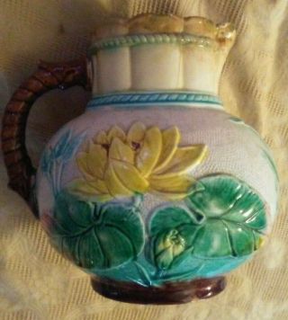 Antique English Majolica Pitcher - Samuel Lear – Yellow Water Lilies Repaired 2
