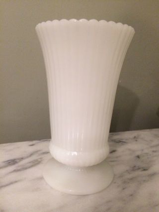 Vintage E.  O.  Brody Co White Milk Glass Ribbed Footed Vase 7 1/2 " Tall M5000