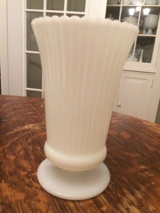 VINTAGE E.  O.  BRODY CO WHITE MILK GLASS RIBBED FOOTED VASE 7 1/2 