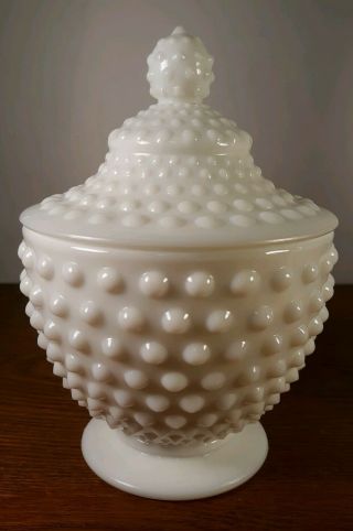 Vintage Fenton White Milk Glass Hobnail Footed Candy Dish Jar With Lid