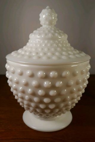 Vintage Fenton White Milk Glass Hobnail Footed Candy Dish Jar With Lid 2