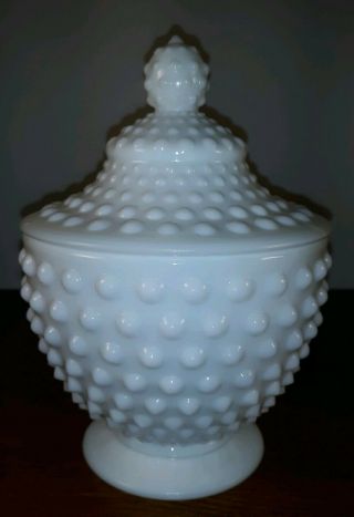 Vintage Fenton White Milk Glass Hobnail Footed Candy Dish Jar With Lid 3