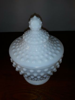 Vintage Fenton White Milk Glass Hobnail Footed Candy Dish Jar With Lid 4