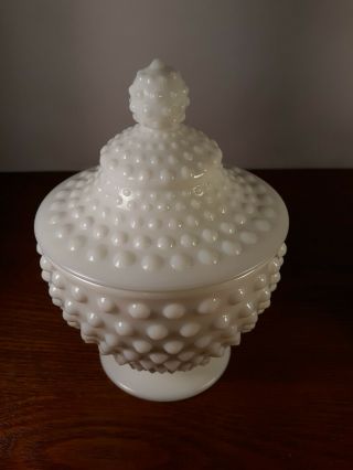 Vintage Fenton White Milk Glass Hobnail Footed Candy Dish Jar With Lid 5