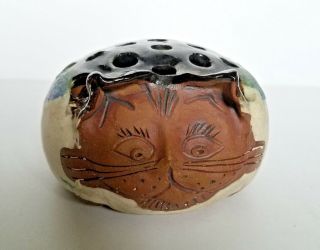 Art Pottery Flower Frog Vase Cat Face Marble Pencil Holder Cat Lover Gift