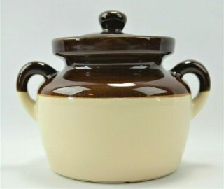 Vintage Ceramic 2 Quart Bean Pot With Lid Brown Beige 6.  5 " Tall