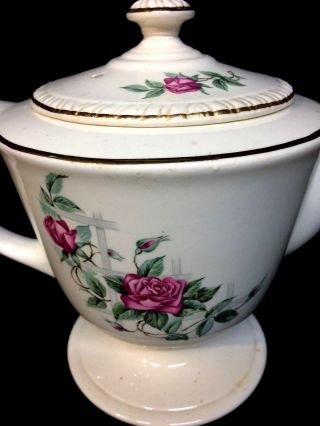 Early Vintage Homer Laughlin White Pink Roses/Gold Trim Teapot 2