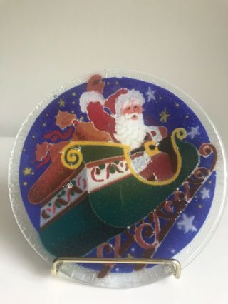 Retired Peggy Karr Fused Glass 6” Santa Sleigh Plate Etched Signed And Dated