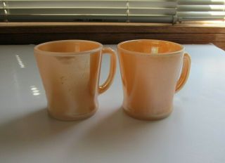 2 Vtg Anchor Hocking Fire King Oven Ware Peach Lustre Luster Mug Cups " D " Handle