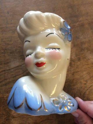 Vintage Glamour Girl Head Vase Ceramic Blue