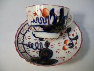 Antique Staffordshire Imari Gaudy Welsh Cup & Saucer