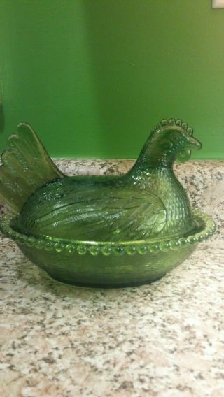 Vtg Indiana Glass Hen On Nest Olive Green Chicken Candy Dish Bowl With Lid