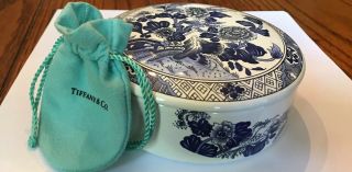 Tiffany & Co.  Vintage Peony Floral Trinket Dish & Tiffany Blue Felt Jewelry Bag
