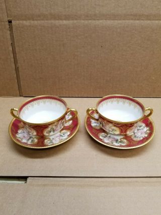 Antique Haviland Limoges France 2 Tea Cups & Saucers Two Handle Hand Painted.