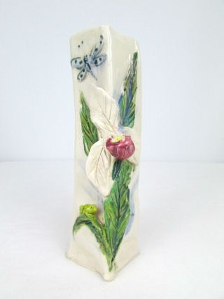 Handmade 9.  5 " 3d Ladyslipper Flower Frog Dragonfly Rectangular Pottery Vase Sign