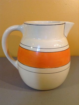 Antique Vintage Roseville Pottery Creamware Handled Water Pitcher Orange Bands.