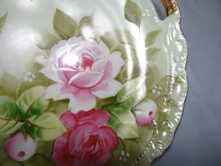 Vtg Lefton Heritage Green Handled Cake Plate Hand Painted Pink Roses Gold Trim 3