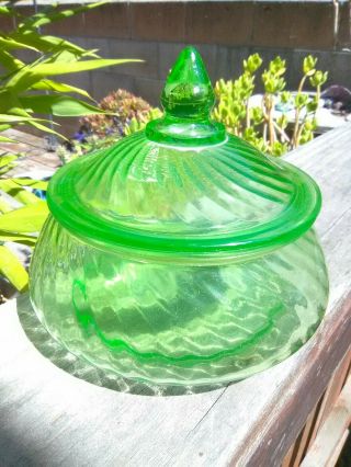 Green Depression Vaseline Glass Swirled Candy Dish / Jar W Lid