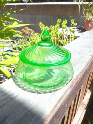 Green Depression Vaseline Glass Swirled Candy Dish / Jar w Lid 2
