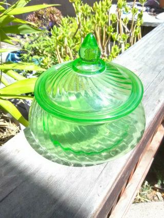 Green Depression Vaseline Glass Swirled Candy Dish / Jar w Lid 3