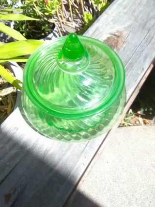 Green Depression Vaseline Glass Swirled Candy Dish / Jar w Lid 4