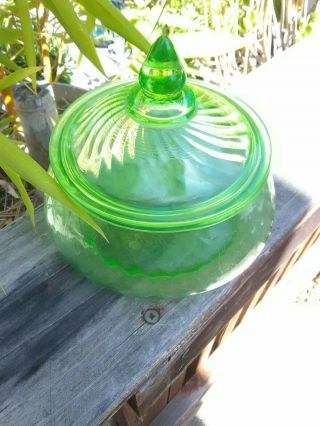 Green Depression Vaseline Glass Swirled Candy Dish / Jar w Lid 5