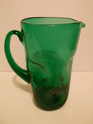Vintage Green Blenko Pinched Dimpled Crackle Glass Pitcher