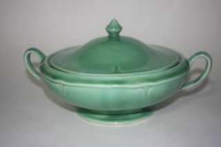 Vintage Mt Clemens Pottery Green Footed Soup Tureen Petalware Dish With Lid