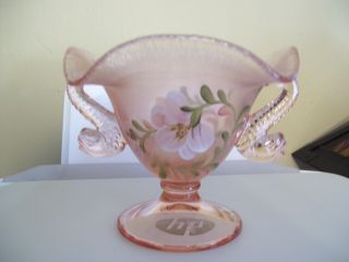 Fenton Pink Stretch Hand - Painted Dish With Fish Handles - Dated 2002