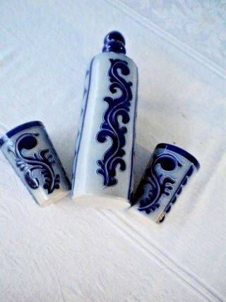 Vintage Cobalt And Grey Bottle With Two Cups,  Hand Carved And Painted W/ Stopper