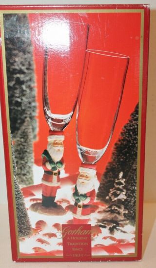 2 Gorham Crystal " Winter Follies " Santa Flutes Champagne Stemware Nib