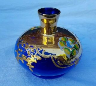 Vintage Venetian Murano Cobalt Blue Glass Vase Gold Overlay & Enamel