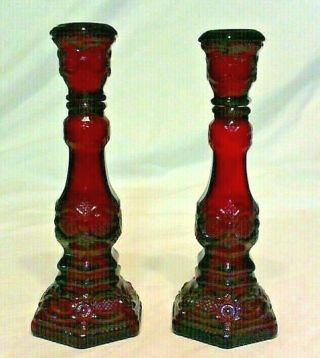 Vintage Ruby Red Glass Cape Cod Tall Candlestick Holders 1 Pr,  Avon &