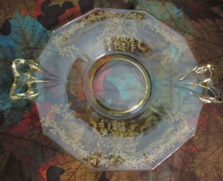Fostoria Yellow June Bow Etch Depression Glass 8.  5 " Tabbed Serving Plate Nappy