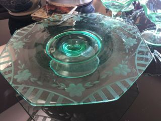 Vintage Green Uranium Depression Glass Cake Pedestal Etched Design