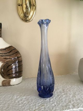 Vintage Cobalt Blue Glass Bud Vase Ruffle Top 9 1/2”