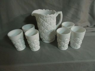 Westmoreland White Milk Glass Pitcher And 6 Tumblers Old Quilt Pattern 1960 