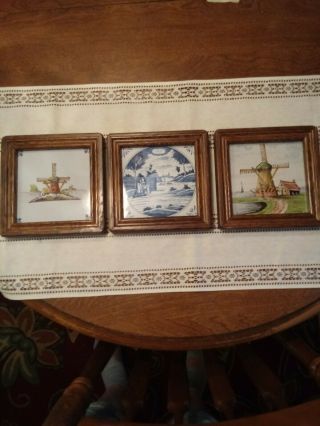 3 Holland Wood Framed Hand Painted 5 " Tiles Windmills & One Delft Blue