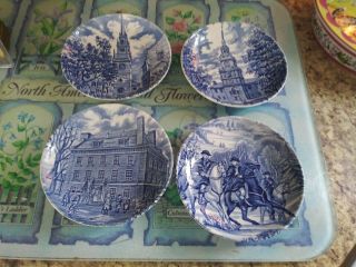 4 Vintage Liberty Blue Historic Colonial Scenes Coasters/ashtrays