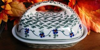 Polish Pottery Hand Painted Covered Butter Or Cream Cheese Dish Boleslawiecz