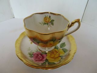 Vintage Princess Anne Tea Cup & Saucer With Pink & Yellow Roses Gold Trim