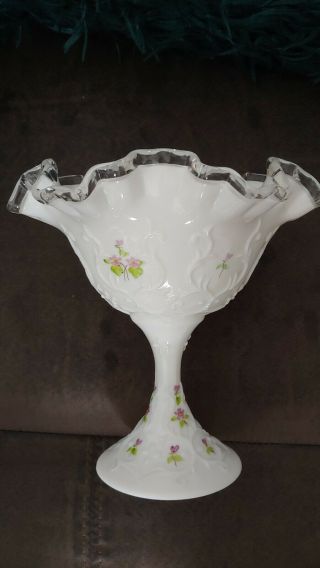 Fenton Silvercrest Spanish Lace Bowl W/ Hand Painted Violets In The Snow Rare