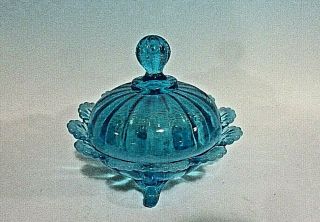 Antique Northwood Klondyke Pattern Blue Opalescent Lidded Dish C.  1898