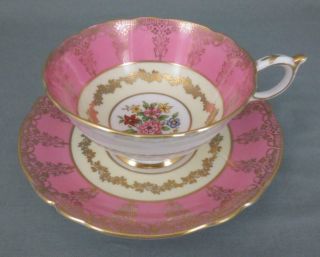 Vtg 1940 ' s PARAGON England CUP & SAUCER Floral Center,  Pink Band w/ Gold Overlay 2