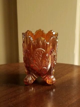 Joe St.  Clair Inverted Fan Feather Carnival Glass Toothpick Holder Marigold