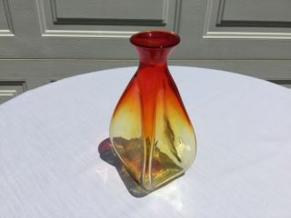 Blenko Mid Century Modern Tangerine Pinched Sides And Square Body 7” Tall Vase