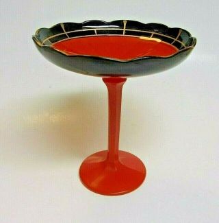Art Deco Orange With Black Glass Footed/pedestal Compote / Candy Dish