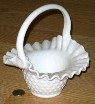 Fenton White Milk Glass Basket Applied Handle Hobnail Ruffle Edge Unmarked